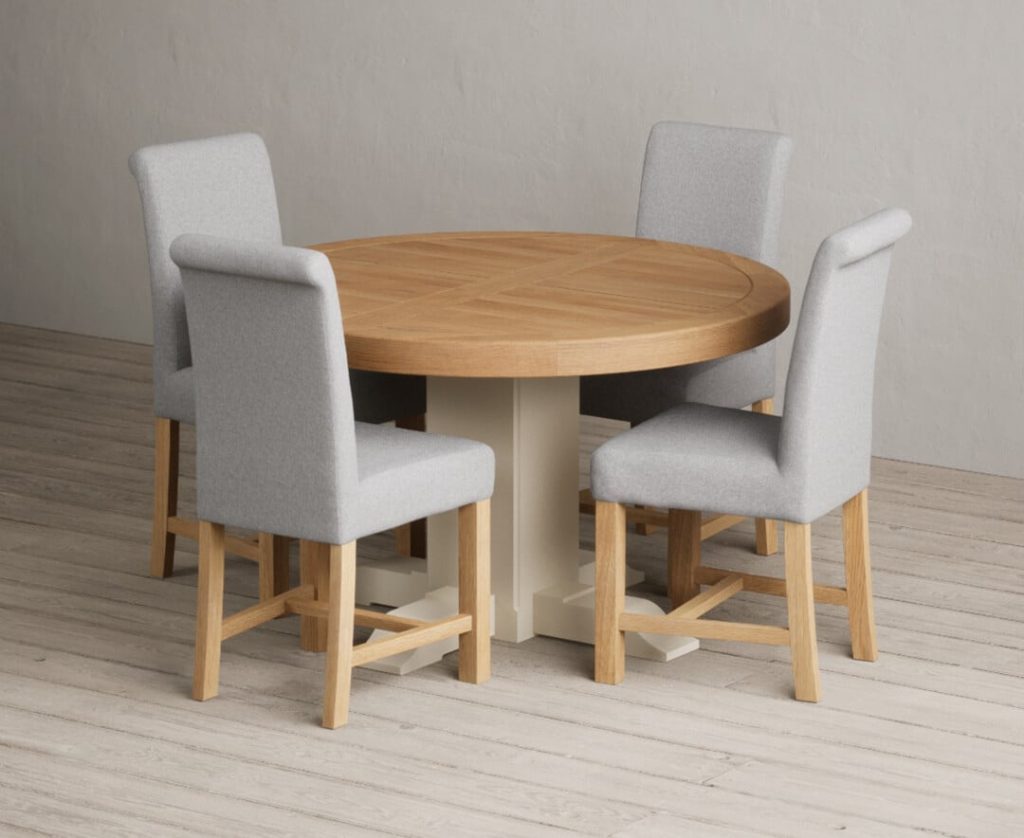 Extending Helmsley Oak and Cream Painted Pedestal Dining Table with 8 Brown Scroll Back Chairs