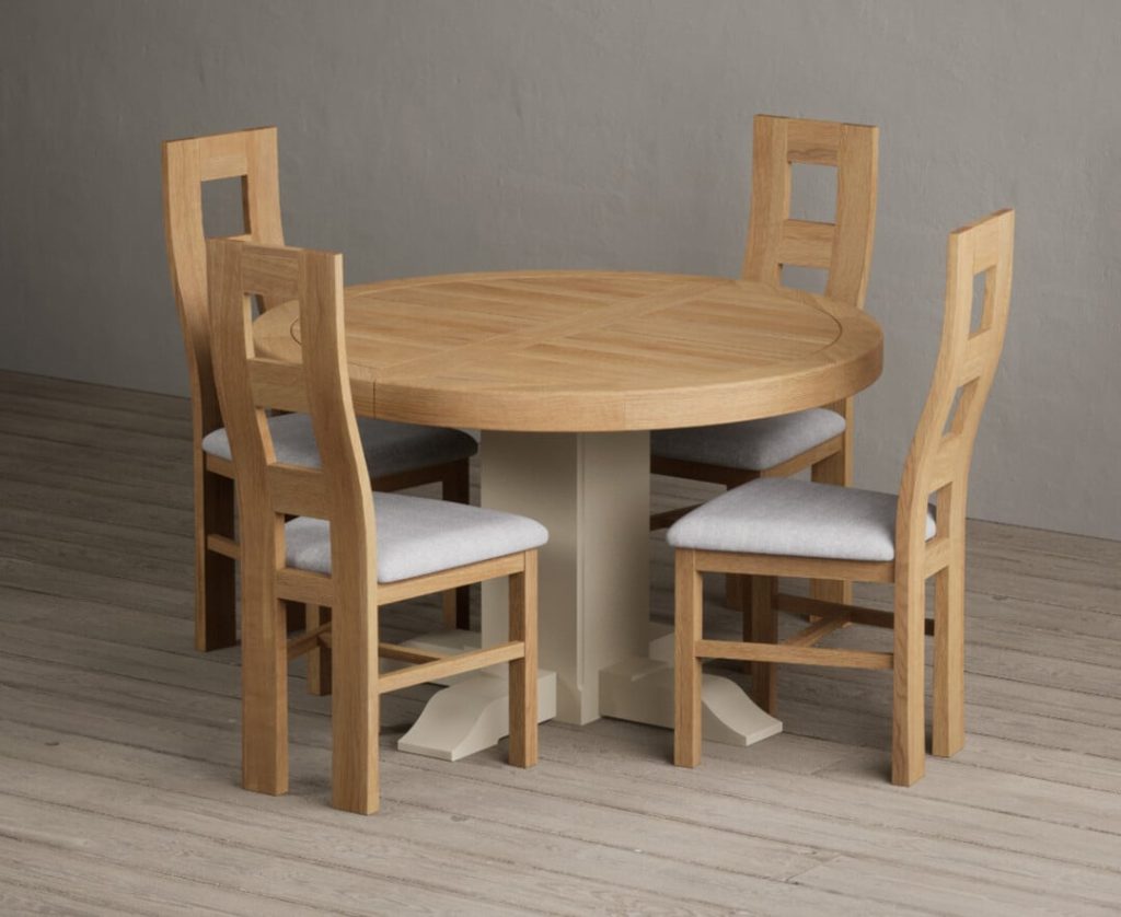 Extending Helmsley Oak and Cream Painted Pedestal Dining Table with 8 Blue Natural Chairs