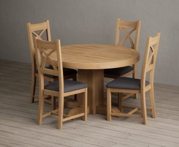 Extending Helmsley Oak Pedestal Dining Table with 6 Charcoal Grey Natural Solid Oak Chairs | Bed Sava