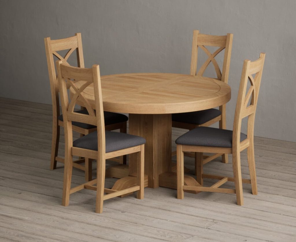 Extending Helmsley Oak Pedestal Dining Table with 6 Linen Natural Solid Oak Chairs
