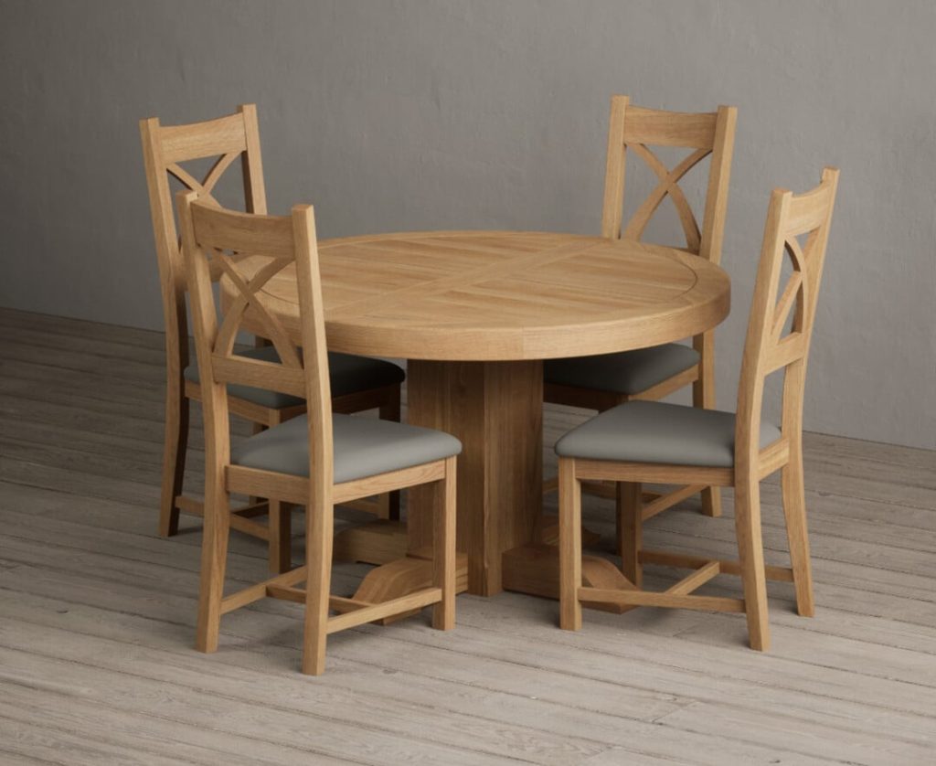 Extending Helmsley Oak Pedestal Dining Table with 6 Cream Natural Solid Oak Chairs