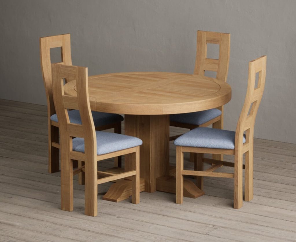 Extending Helmsley Oak Pedestal Dining Table with 8 Charcoal Grey Natural Chairs