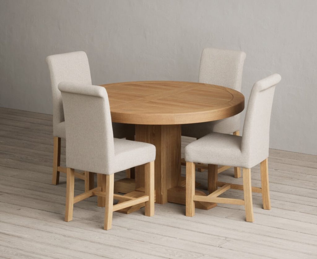 Extending Helmsley Oak Pedestal Dining Table with 8 Blue Scroll Back Chairs