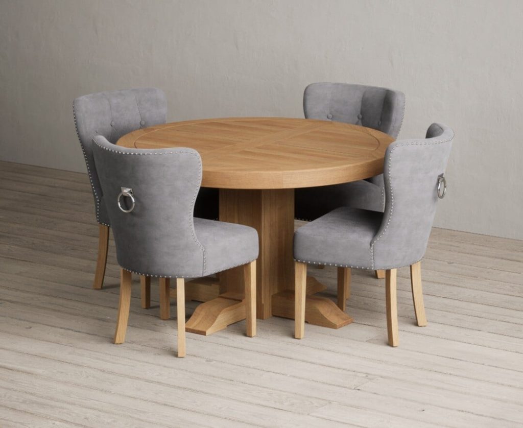 Extending Helmsley Oak Pedestal Dining Table with 6 Grey Keswick Chairs