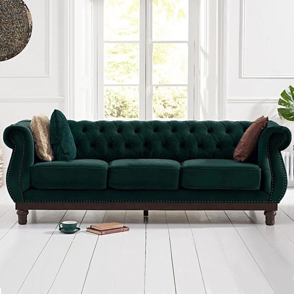 Harrow Chesterfield Green Velvet 3 Seater Sofa