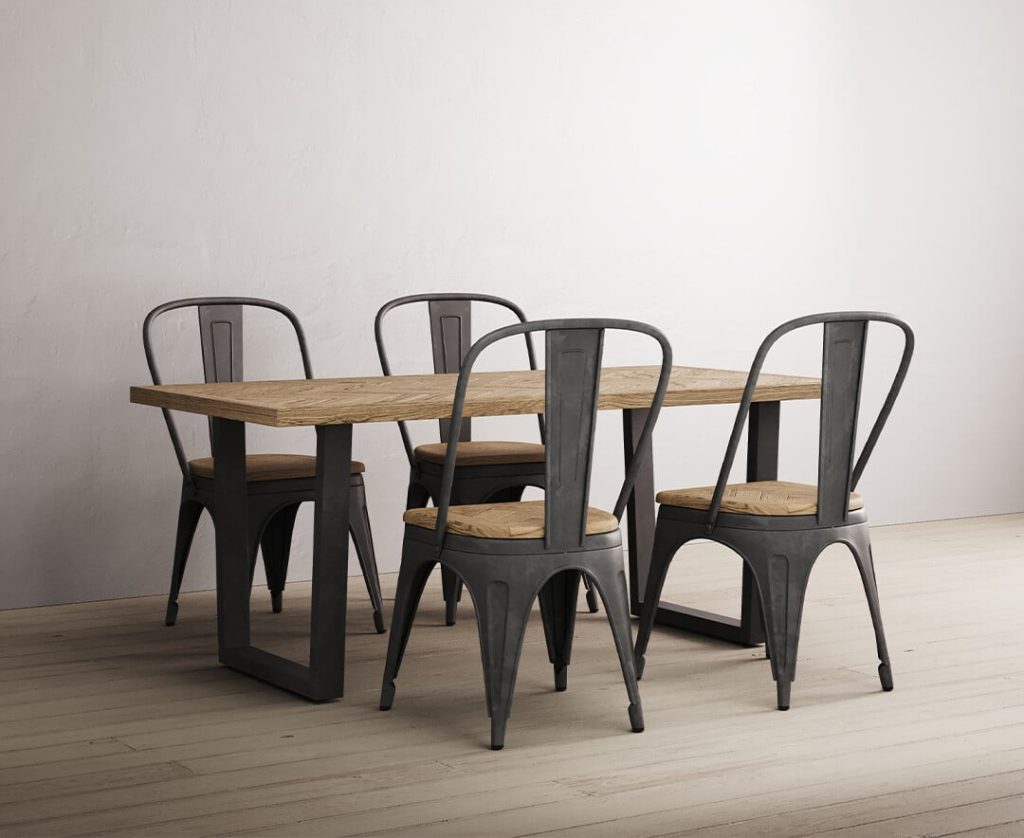 Herringbone 190cm Solid Oak and Metal Dining Table with 6 Oak Herringbone Chairs