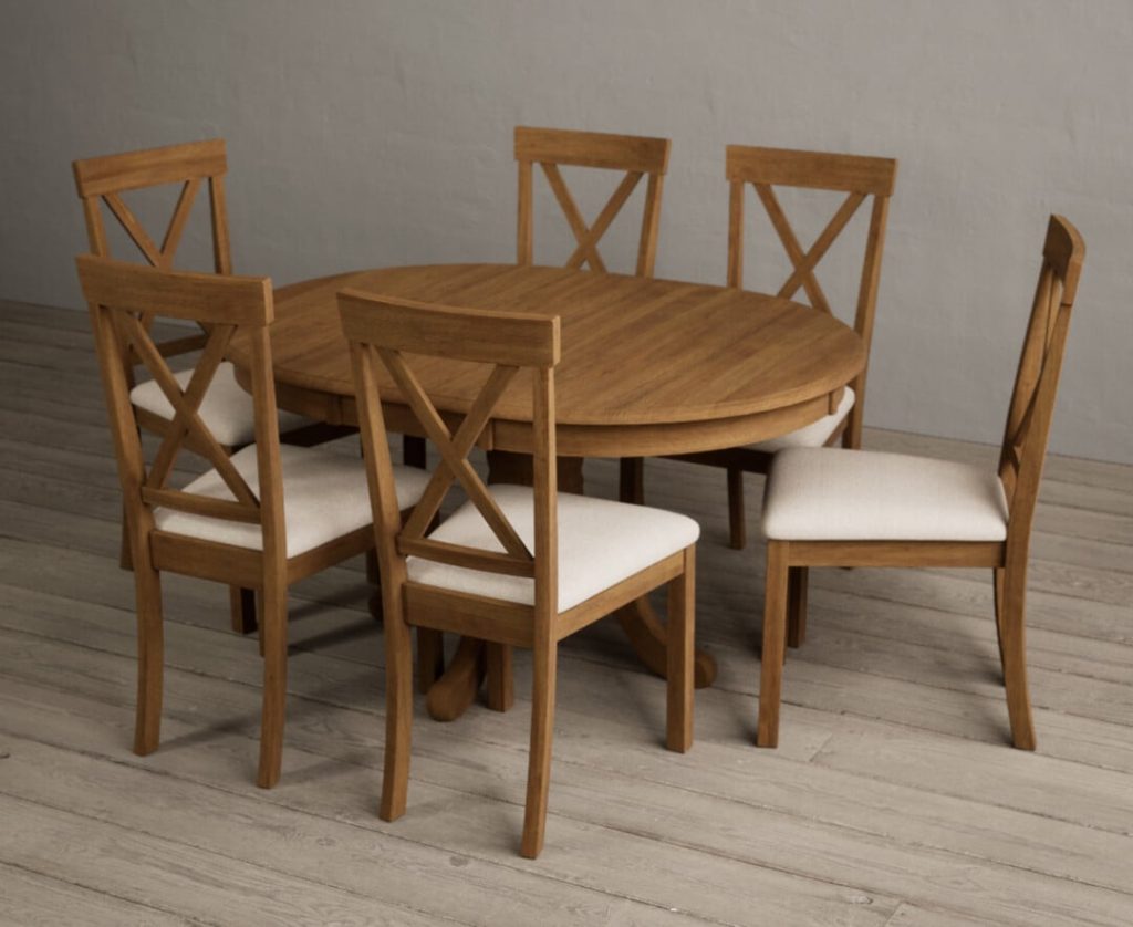 Extending Hertford 100cm - 130cm Rustic Oak Pedestal Dining Table with 4 Blue Hertford Chairs