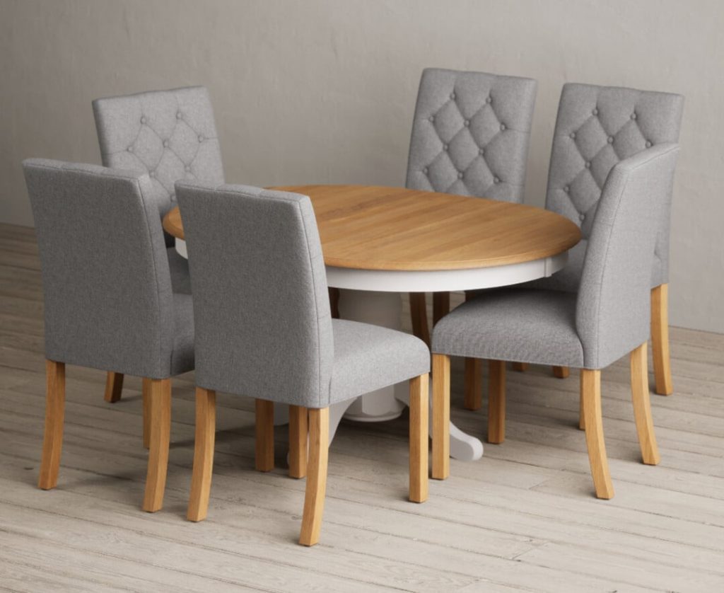 Extending Hertford 100cm - 130cm Oak and Soft White Painted Pedestal Dining Table with 6 Grey Isabella Chairs
