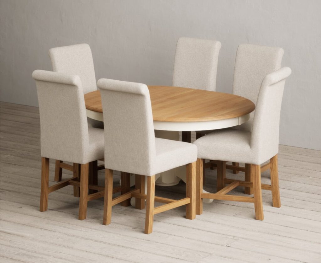 Extending Hertford 100cm - 130cm Oak and Cream Painted Pedestal Dining Table with 4 Grey Scroll Back Chairs
