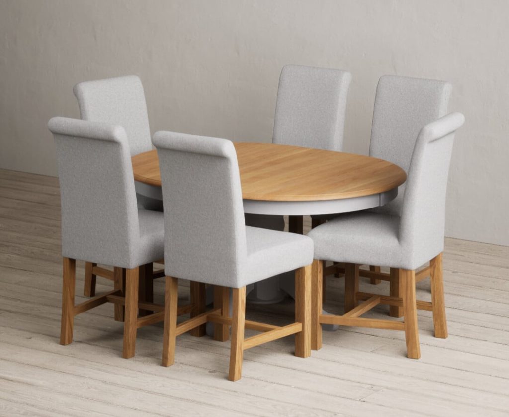 Extending Hertford 100cm - 130cm Oak and Light Grey Painted Pedestal Dining Table with 6 Natural Scroll Back Chairs