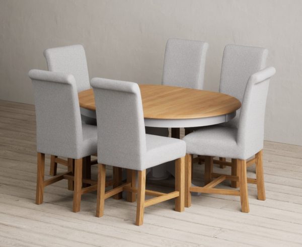 Extending Hertford 100cm  130cm Oak and Light Grey Painted Pedestal Dining Table with 6 Natural Scroll Back Chairs | Bed Sava