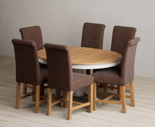 Extending Hertford 100cm  130cm Oak and Soft White Painted Pedestal Dining Table with 6 Natural Scroll Back Chairs | Bed Sava
