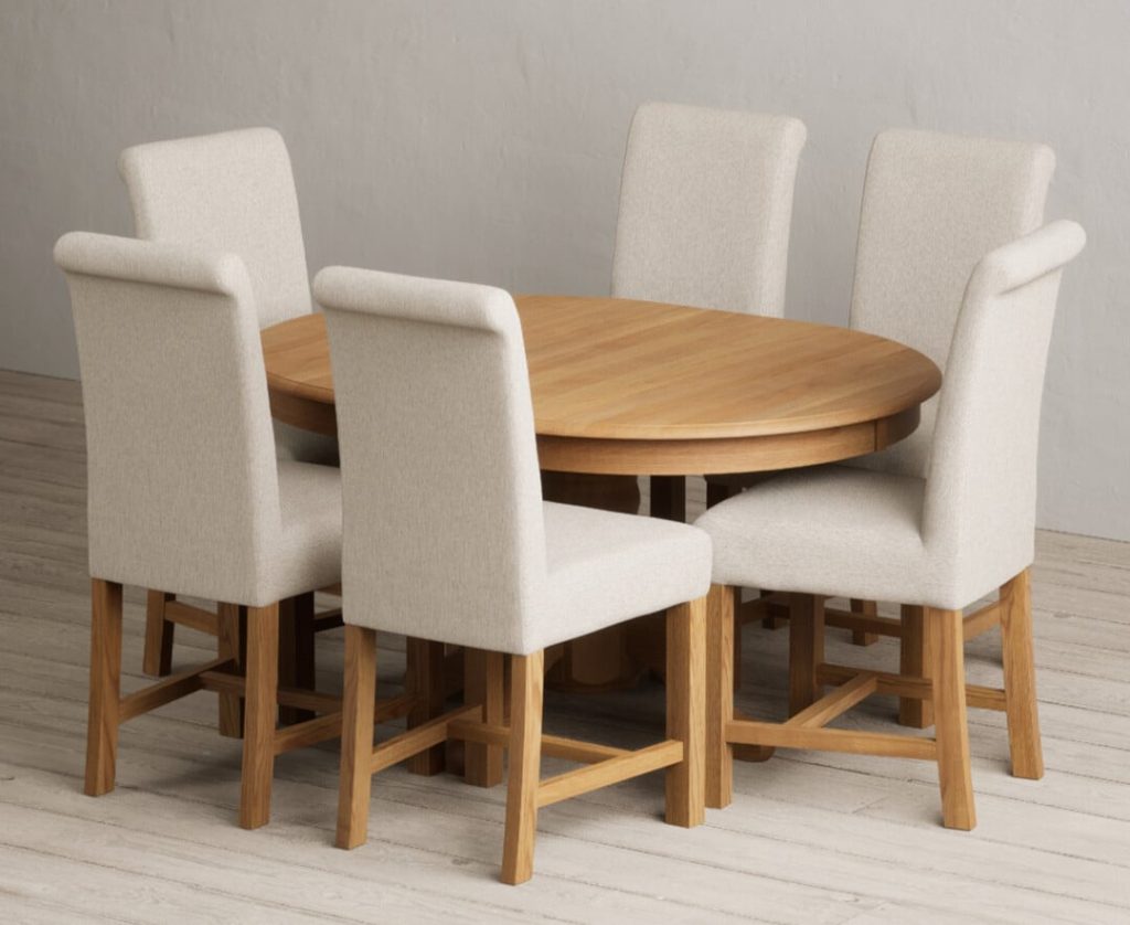 Extending Hertford 100cm - 130cm Solid Oak Pedestal Dining Table with 4 Grey Scroll Back Chairs