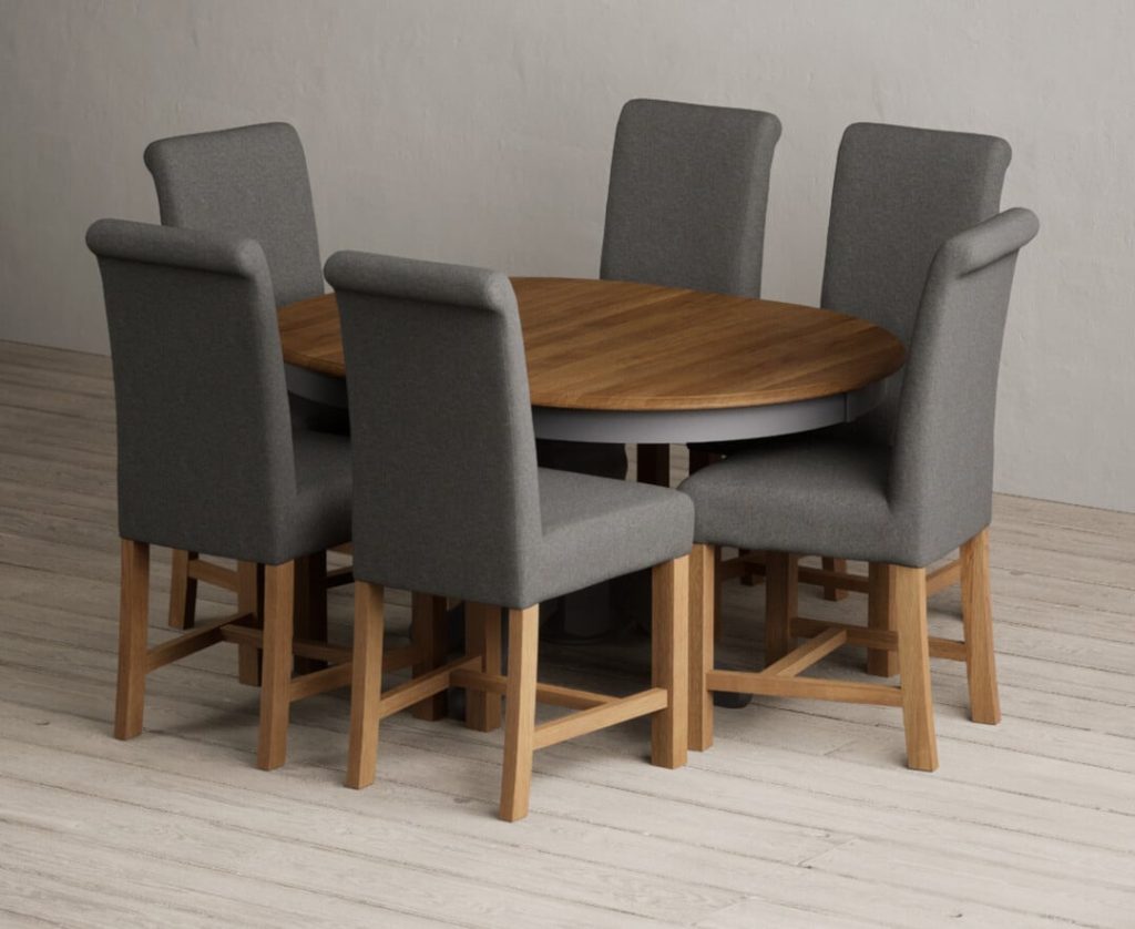 Extending Hertford 100cm - 130cm Oak and Charcoal Grey Painted Pedestal Dining Table with 6 Natural Scroll Back Chairs