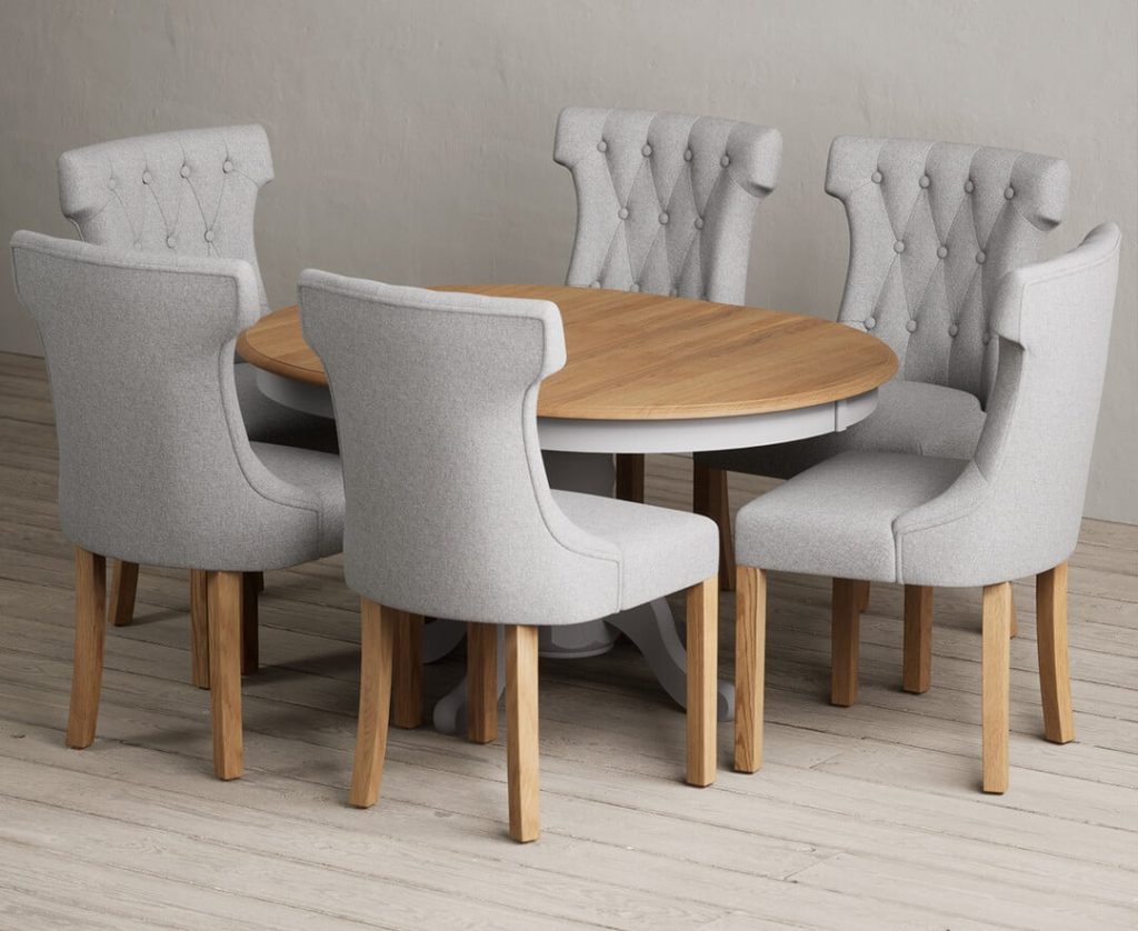 Extending Hertford 100cm - 130cm Oak and Light Grey Painted Pedestal Dining Table with 6 Grey Clara Chairs