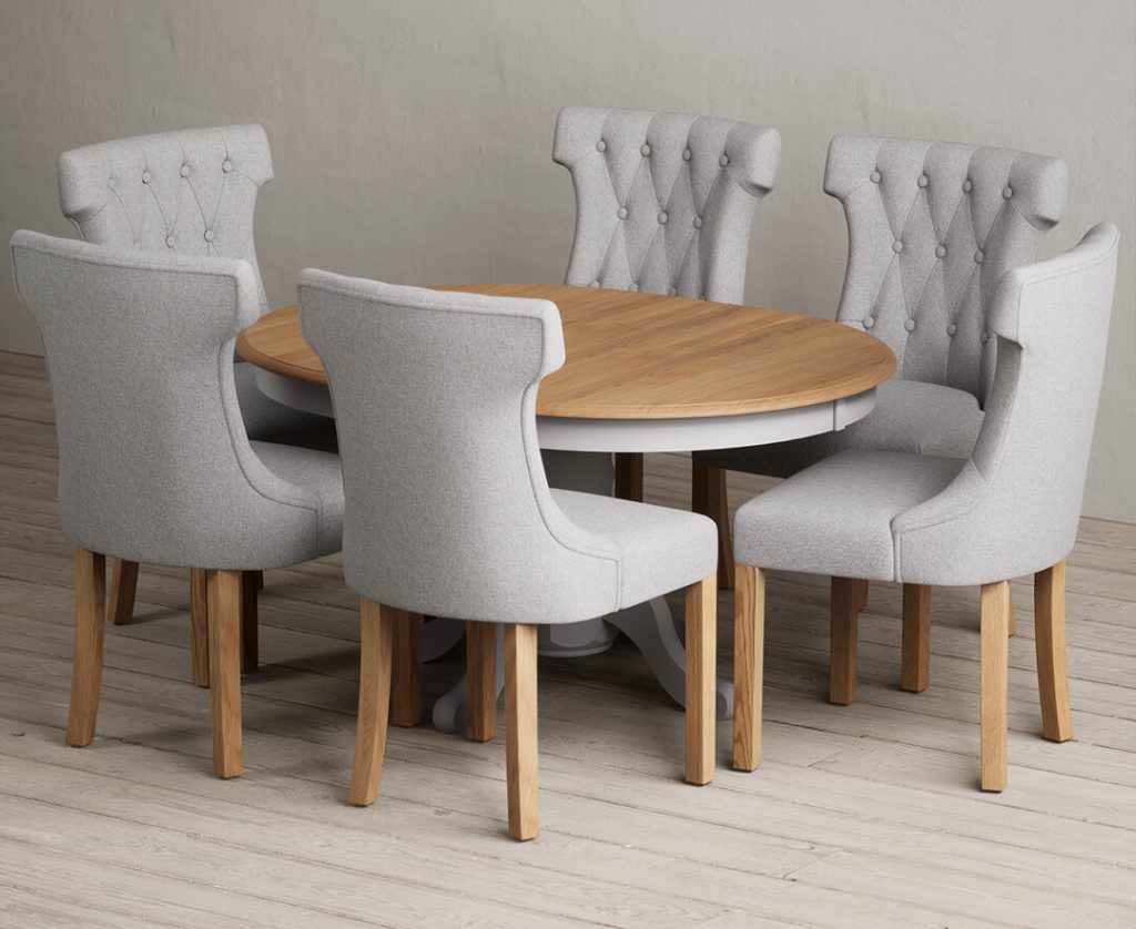 Extending Hertford 100cm - 130cm Oak and Light Grey Painted Pedestal Dining Table with 4 Grey Clara Chairs