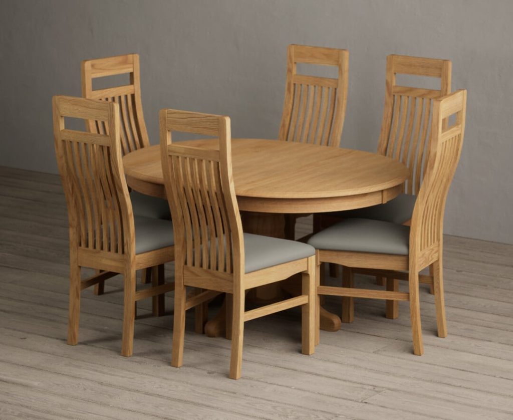 Extending Hertford 100cm - 130cm Solid Oak Pedestal Dining Table with 4 Grey  Chairs