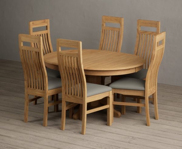 Extending Hertford 100cm  130cm Solid Oak Pedestal Dining Table with 4 Grey Chairs | Bed Sava