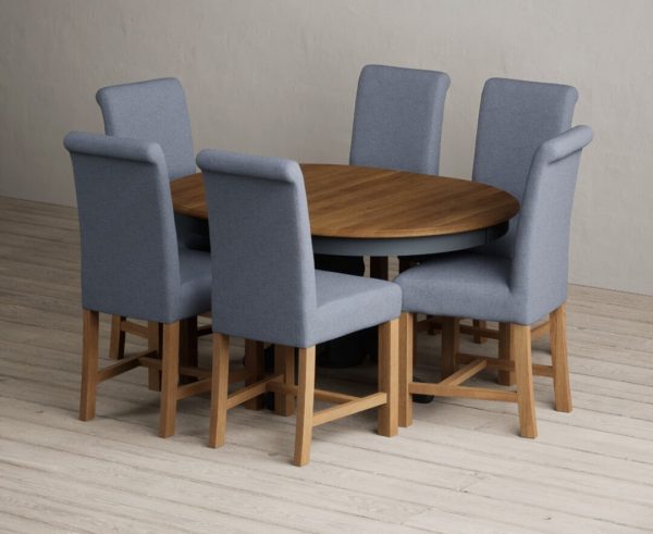 Extending Hertford 100cm  130cm Oak and Dark Blue Painted Pedestal Dining Table with 6 Natural Scroll Back Chairs | Bed Sava