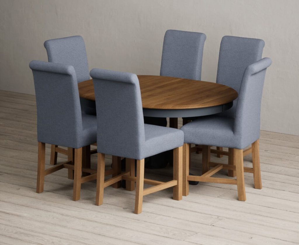 Extending Hertford 100cm - 130cm Oak and Dark Blue Painted Pedestal Dining Table with 4 Brown Scroll Back Chairs