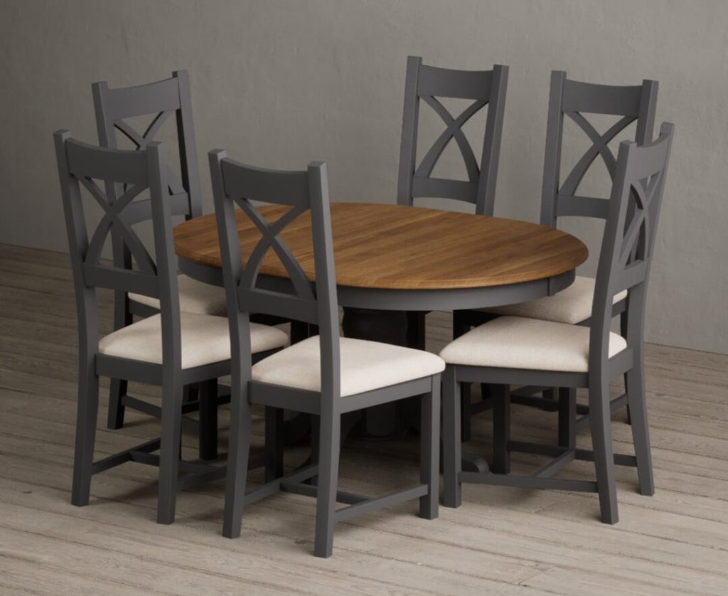 Extending Hertford 100cm - 130cm Oak and Charcoal Grey Painted Pedestal Dining Table with 6 Rustic Oak Painted Chairs