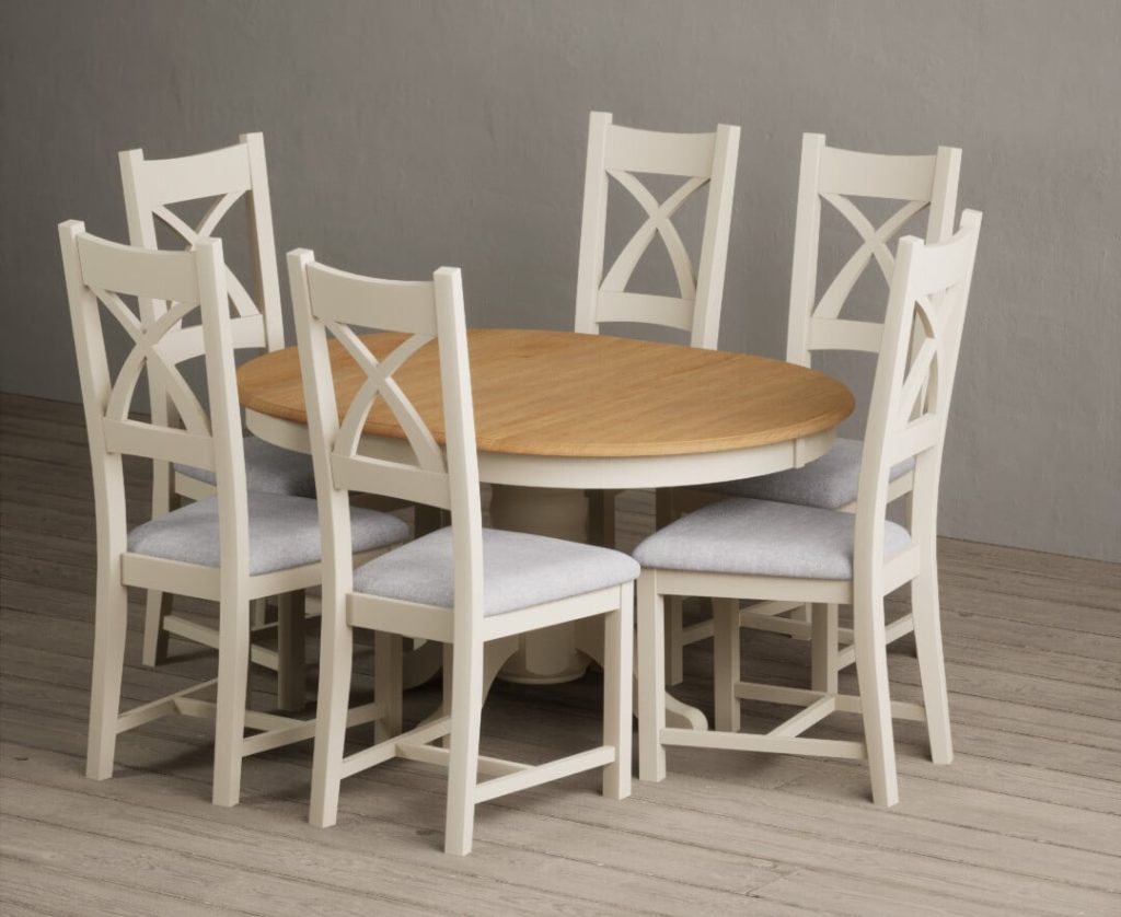 Extending Hertford 100cm - 130cm Oak and Cream Painted Pedestal Dining Table with 4 Blue Painted Chairs