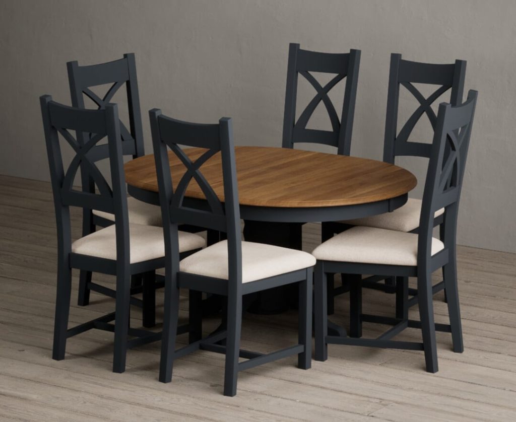 Extending Hertford 100cm - 130cm Oak and Dark Blue Painted Pedestal Dining Table with 6 Brown Painted Chairs