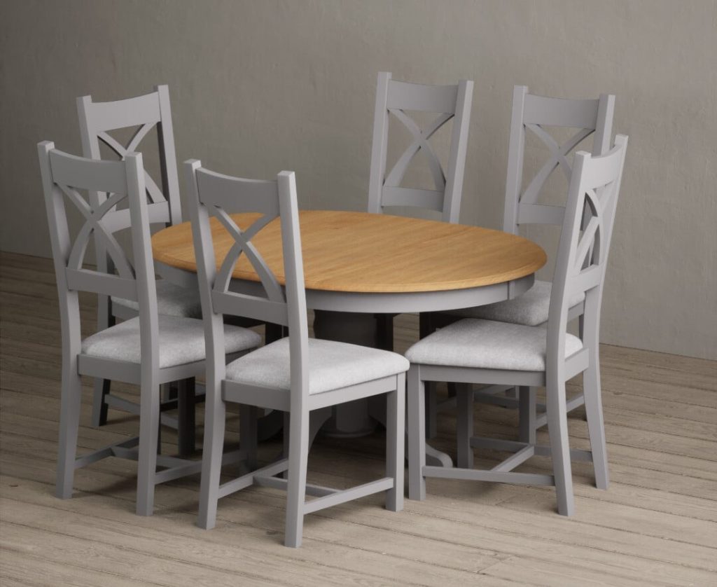 Extending Hertford 100cm - 130cm Oak and Light Grey Painted Pedestal Dining Table with 6 Oak Painted Chairs
