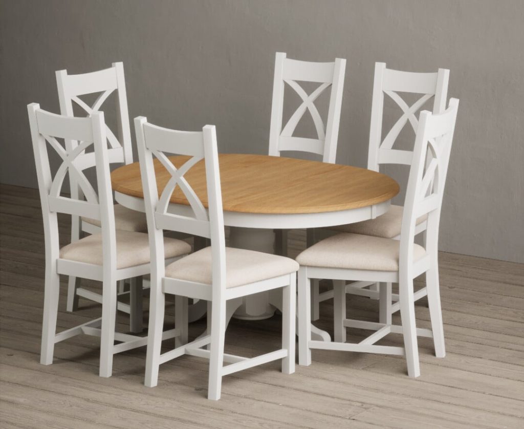 Extending Hertford 100cm - 130cm Oak and Signal White Painted Pedestal Dining Table with 4 Brown Painted Chairs