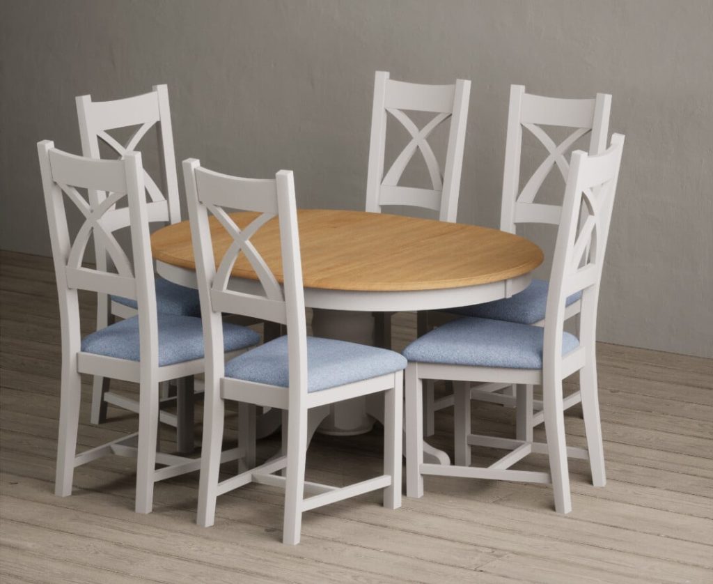 Extending Hertford 100cm - 130cm Oak and Soft White Painted Pedestal Dining Table with 6 Oak Painted Chairs