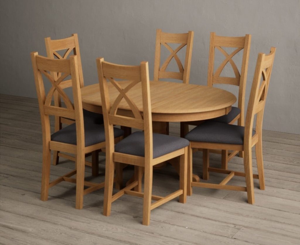 Extending Hertford 100cm - 130cm Solid Oak Pedestal Dining Table with 4 Light Grey Natural Solid Oak Chairs