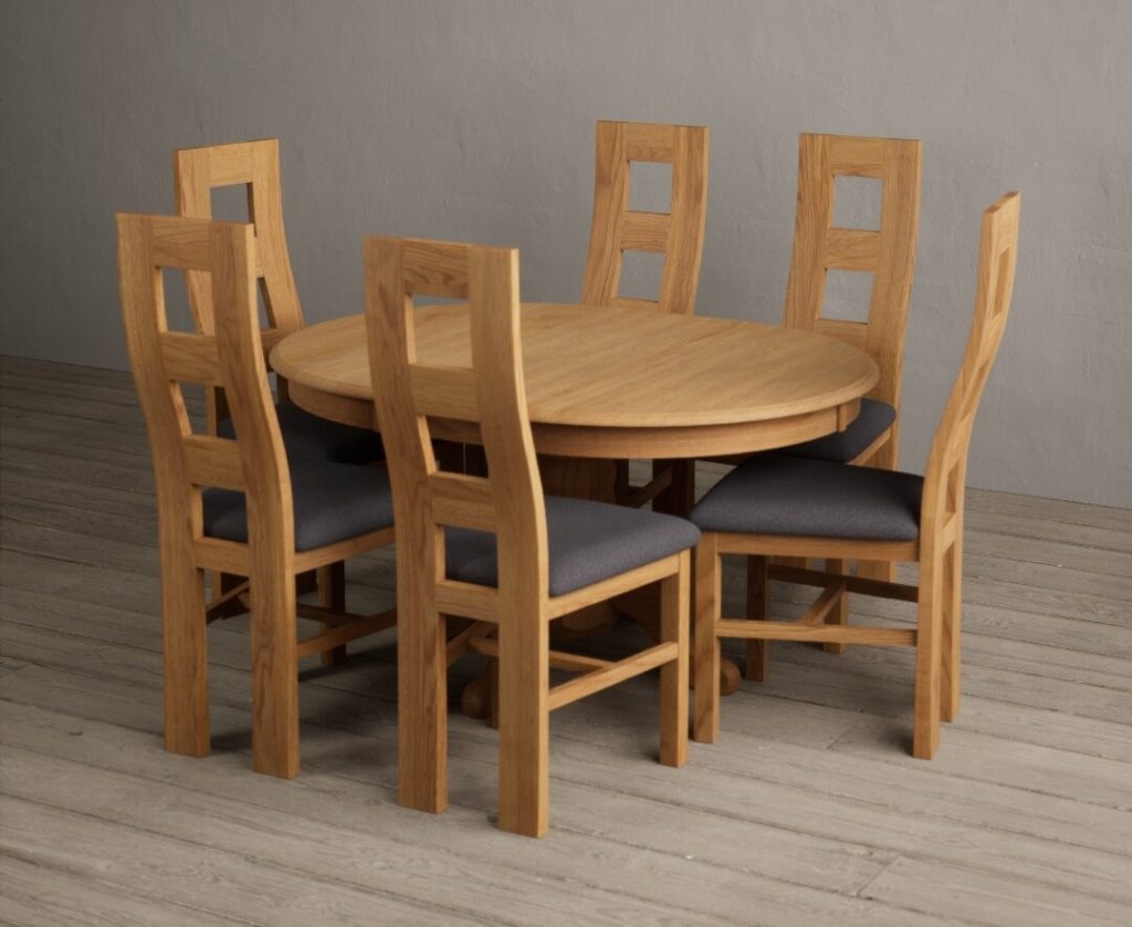 Extending Hertford 100cm - 130cm Solid Oak Pedestal Dining Table with 4 Charcoal Grey Natural Chairs