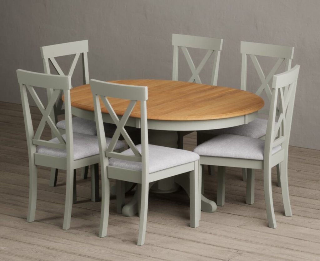 Extending Hertford 100cm - 130cm Oak and Soft Green Painted Pedestal Dining Table with 4 Blue Hertford Chairs