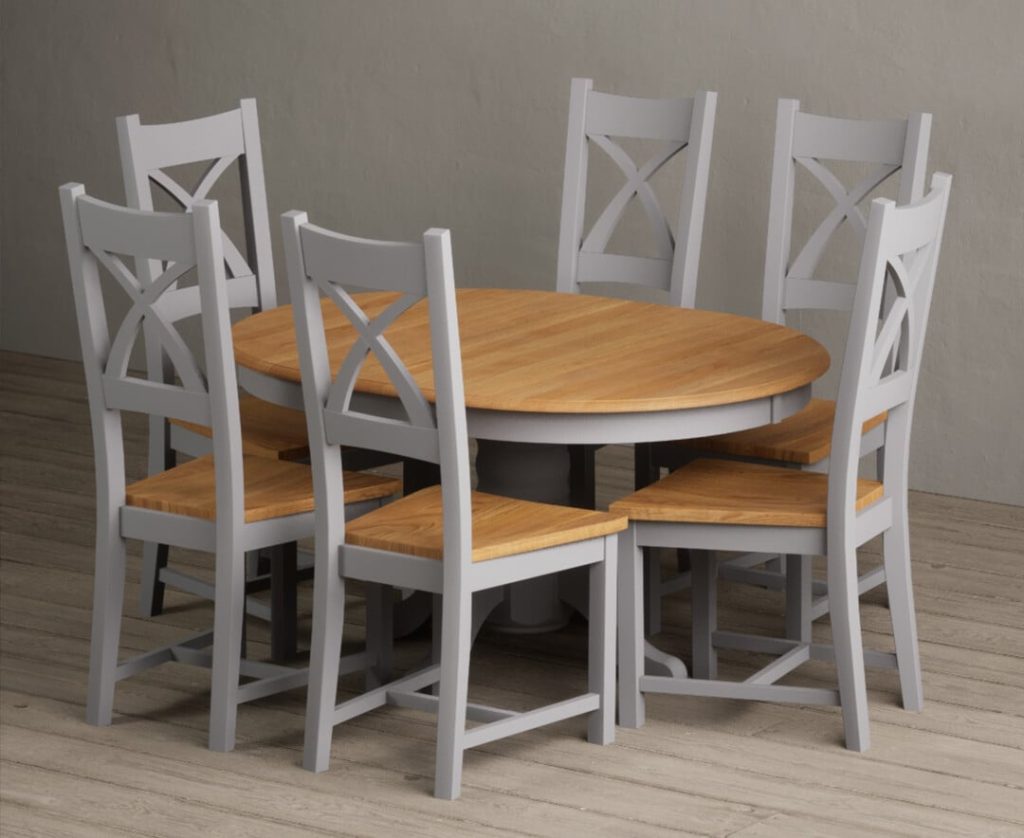 Extending Hertford 100cm - 130cm Oak and Light Grey Painted Pedestal Dining Table with 6 Oak Natural Chairs
