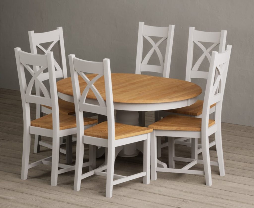 Extending Hertford 100cm - 130cm Oak and Soft White Painted Pedestal Dining Table with 6 Light Grey Natural Solid Oak Chairs