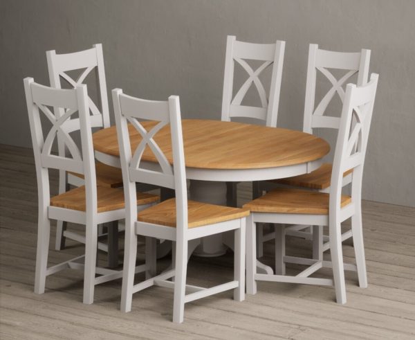 Extending Hertford 100cm  130cm Oak and Soft White Painted Pedestal Dining Table with 6 Linen Natural Solid Oak Chairs | Bed Sava