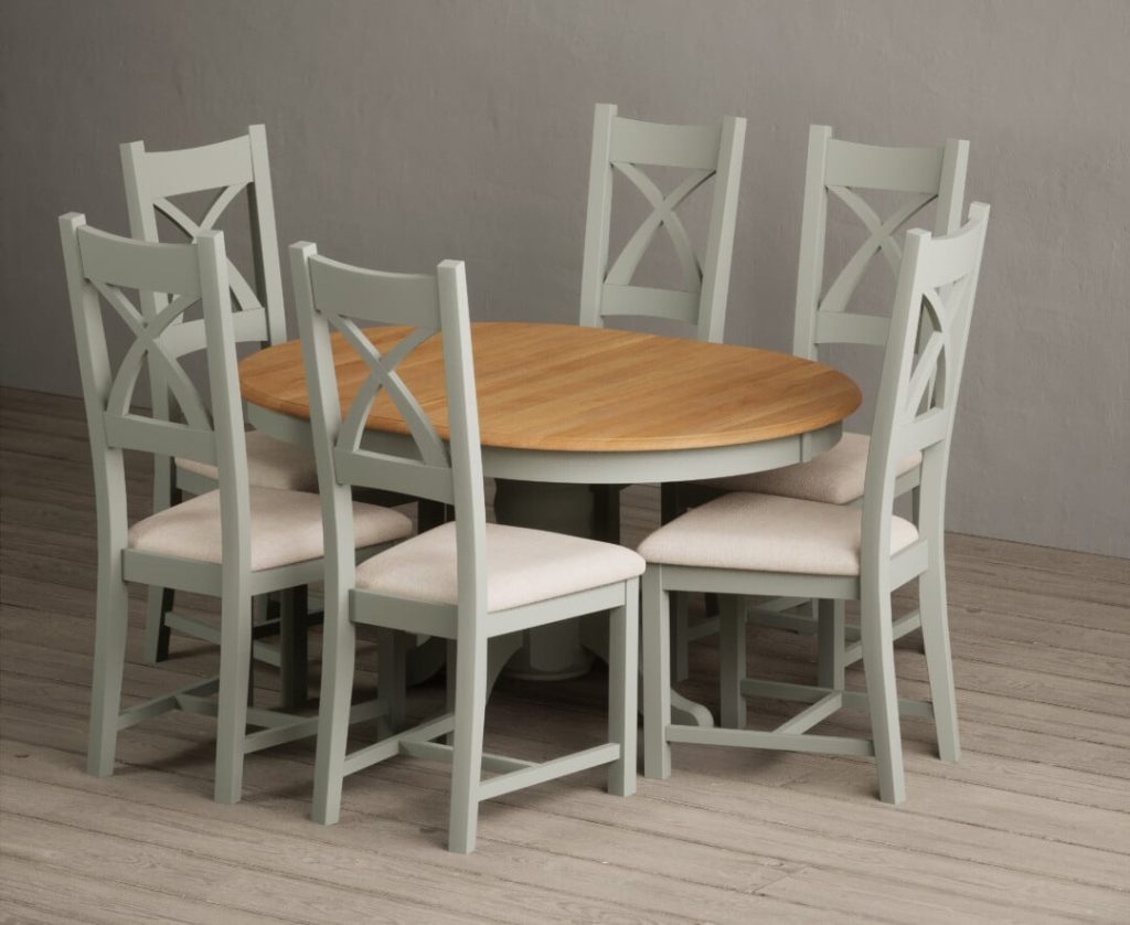 Extending Hertford 100cm - 130cm Oak and Soft Green Painted Pedestal Dining Table with 4 Linen Painted Chairs