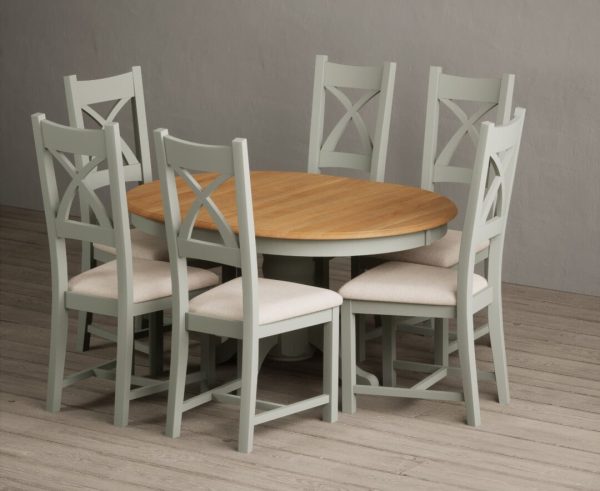 Extending Hertford 100cm  130cm Oak and Soft Green Painted Pedestal Dining Table with 4 Brown Painted Chairs | Bed Sava
