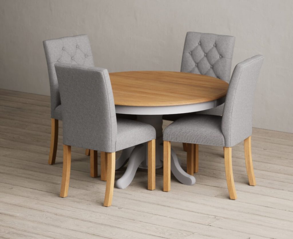 Hertford 120cm Fixed Top Oak and Light Grey Painted Dining Table with 6 Natural Isabella Chairs