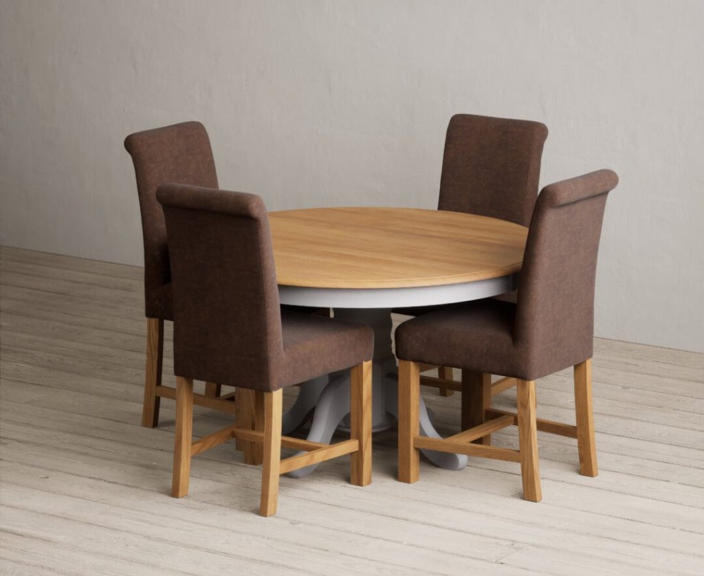Hertford 120cm Fixed Top Oak and Light Grey Painted Dining Table with 4 Charcoal Grey Scroll Back Chairs