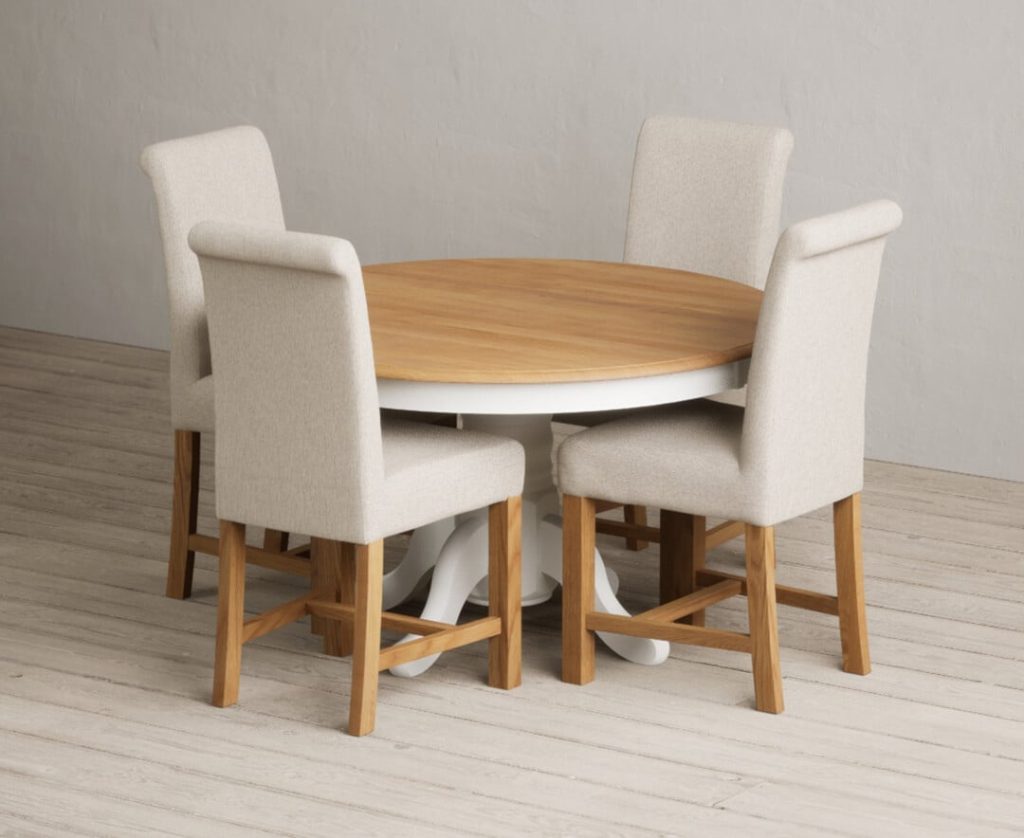 Hertford 120cm Fixed Top Oak and Signal White Painted Dining Table with 4 Charcoal Grey Scroll Back Chairs
