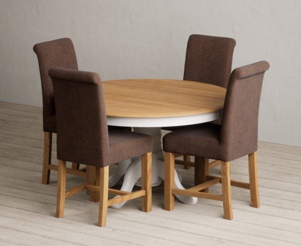 Hertford 120cm Fixed Top Oak and Soft White Painted Dining Table with 6 Grey Scroll Back Chairs | Bed Sava
