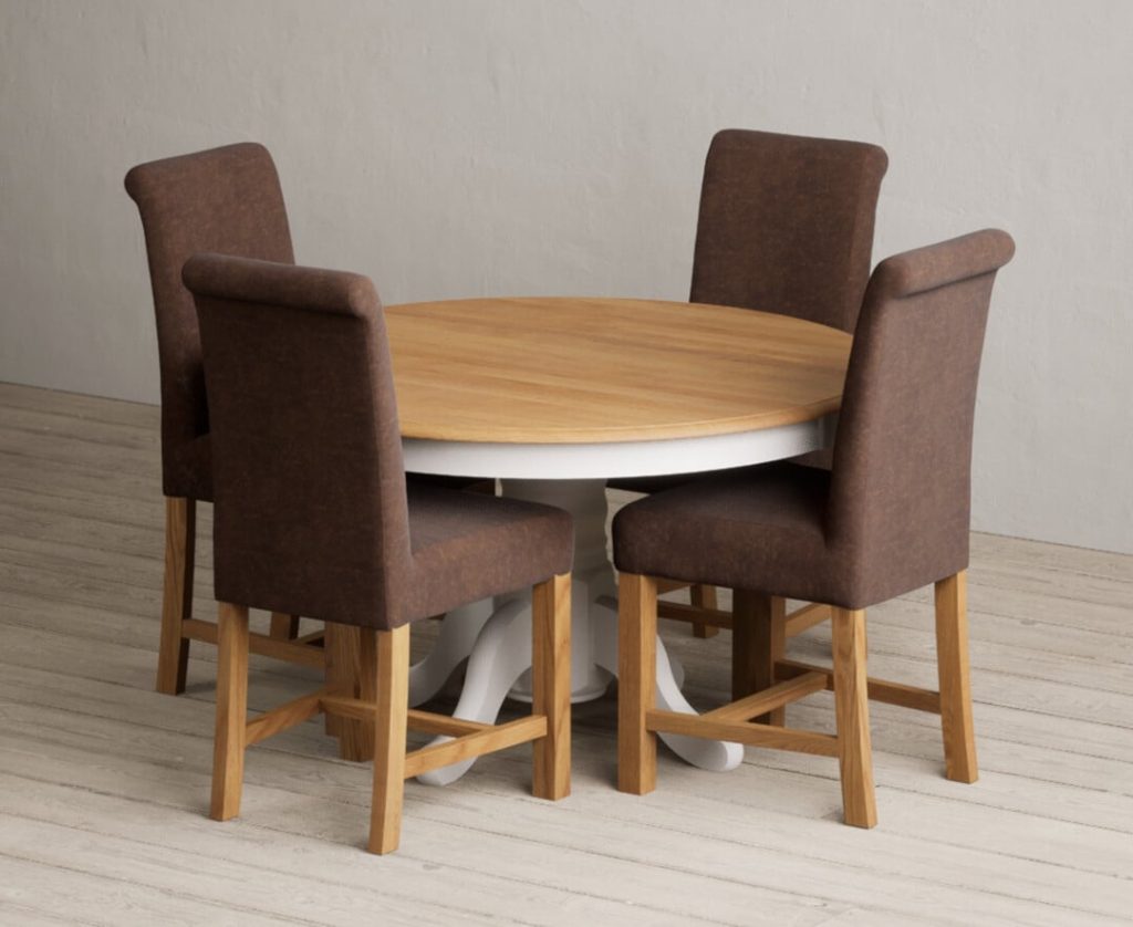 Hertford 120cm Fixed Top Oak and Soft White Painted Dining Table with 6 Brown Scroll Back Chairs