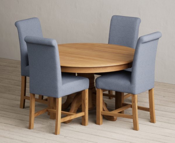 Hertford 120cm Fixed Top Solid Oak Dining Table with 4 Blue Scroll Back Chairs | Bed Sava