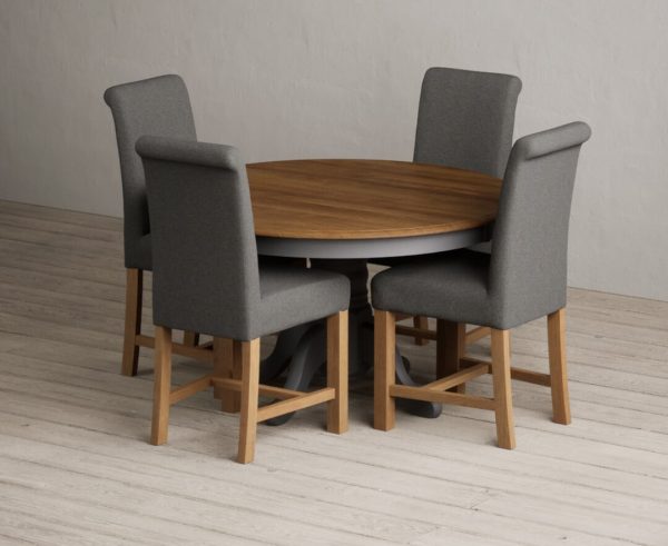 Hertford 120cm Fixed Top Oak and Charcoal Grey Painted Dining Table with 6 Natural Scroll Back Chairs | Bed Sava