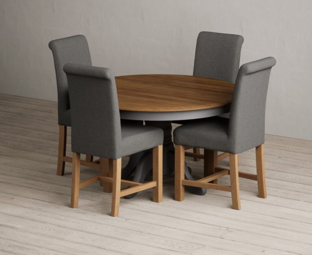 Hertford 120cm Fixed Top Oak and Charcoal Grey Painted Dining Table with 6 Grey Scroll Back Chairs