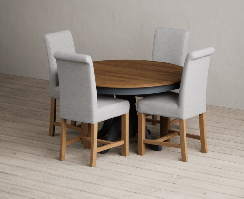 Hertford 120cm Fixed Top Oak and Dark Blue Painted Dining Table with 4 Natural Scroll Back Chairs