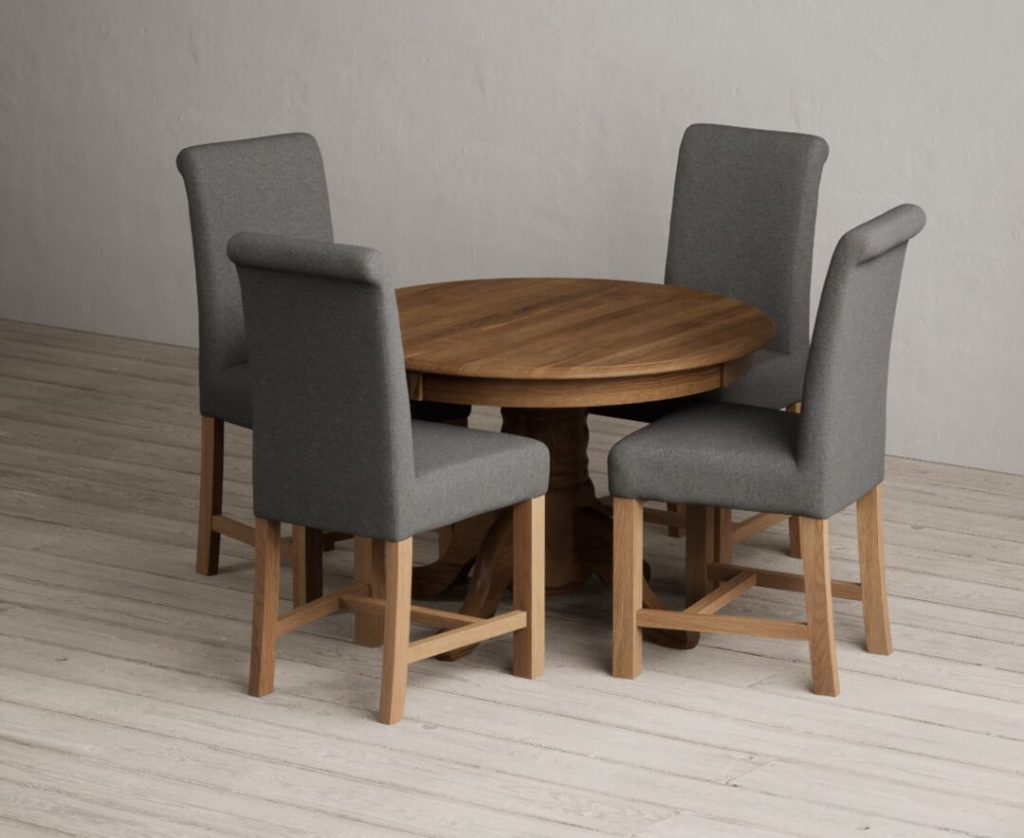 Extending Hertford 100cm - 130cm Rustic Oak Pedestal Dining Table with 4 Grey Scroll Back Chairs