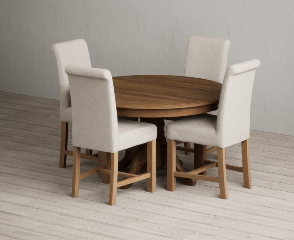 Hertford 120cm Fixed Top Rustic Oak Dining Table with 4 Blue Scroll Back Chairs