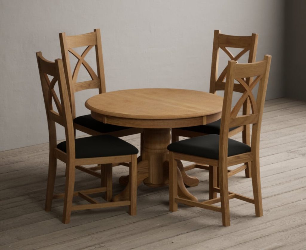 Extending Hertford 100cm - 130cm Solid Oak Pedestal Dining Table with 4 Grey Natural Solid Oak Chairs